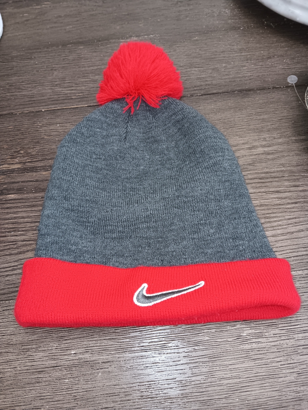 Nike Mens Grey Beanie with Red Cuff and Pom